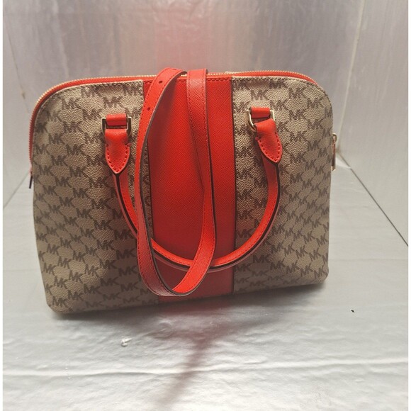 Michael Kors Khaki Monogrammed Coated Canvas/Red Leather Dome Satchel Crossbody - Picture 8 of 12